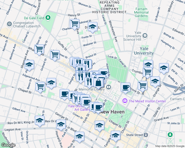 map of restaurants, bars, coffee shops, grocery stores, and more near 11 Tower Parkway in New Haven