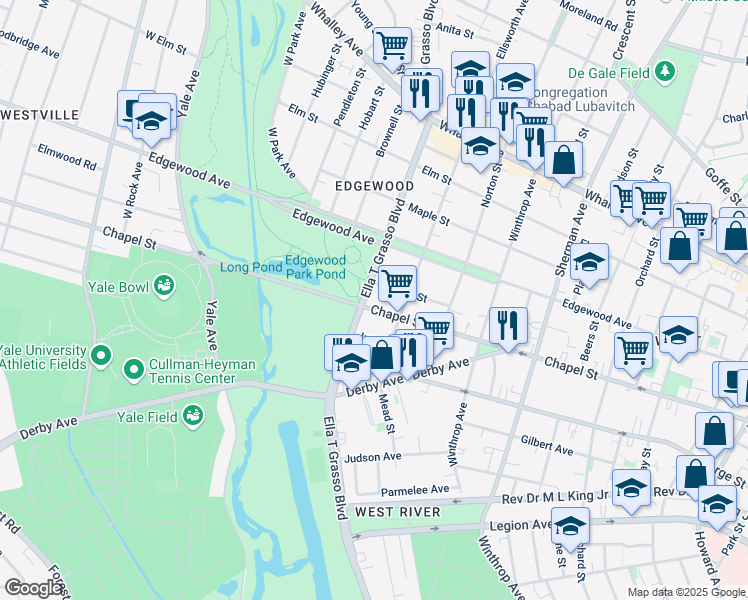 map of restaurants, bars, coffee shops, grocery stores, and more near 1633 Chapel Street in New Haven