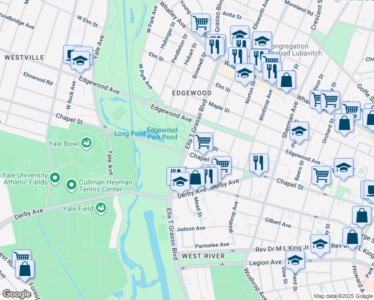 map of restaurants, bars, coffee shops, grocery stores, and more near 1660 Chapel Street in New Haven