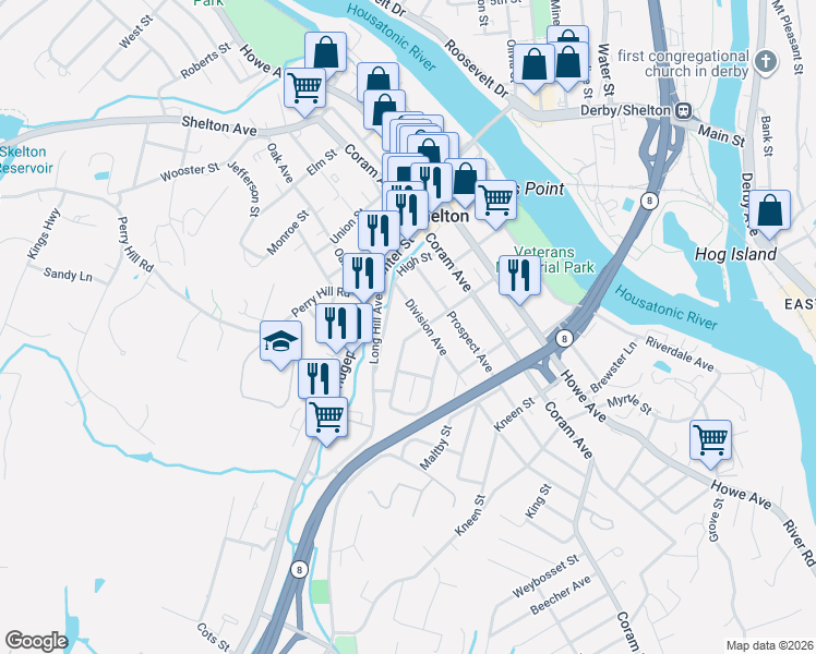 map of restaurants, bars, coffee shops, grocery stores, and more near 90 High Street in Shelton