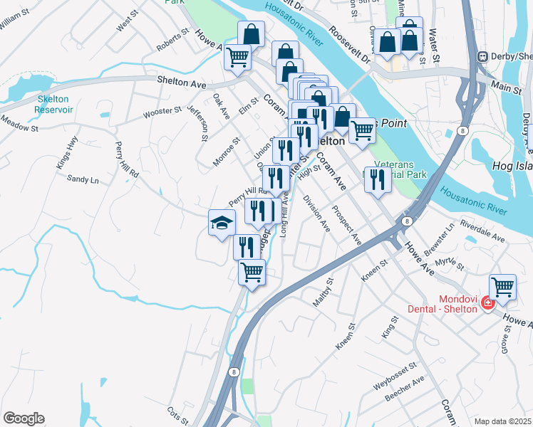 map of restaurants, bars, coffee shops, grocery stores, and more near 38 Bridgeport Avenue in Shelton
