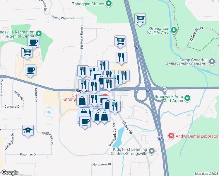 map of restaurants, bars, coffee shops, grocery stores, and more near 16776 Ohio 82 in Strongsville