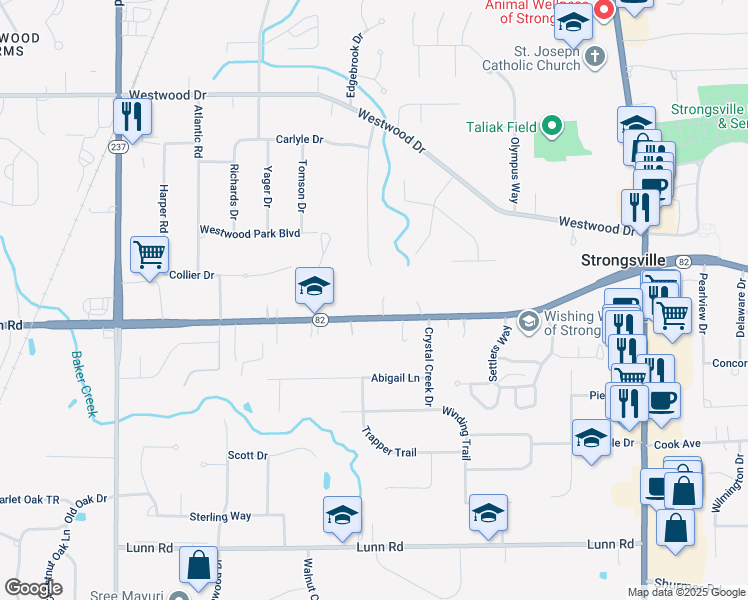 map of restaurants, bars, coffee shops, grocery stores, and more near 20088 Ohio 82 in Strongsville