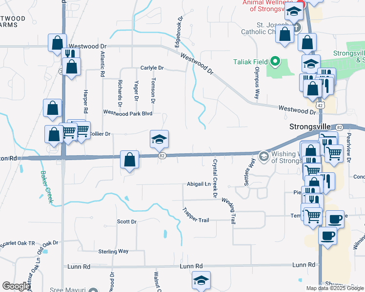 map of restaurants, bars, coffee shops, grocery stores, and more near 20088 Ohio 82 in Strongsville