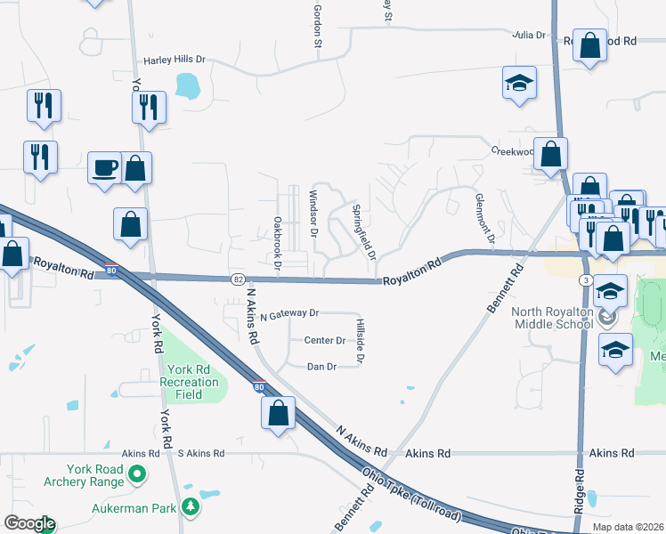 map of restaurants, bars, coffee shops, grocery stores, and more near 8290 Royalton Road in North Royalton