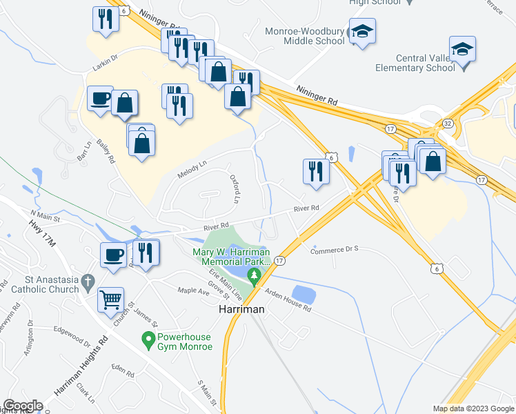 map of restaurants, bars, coffee shops, grocery stores, and more near 3 Brookside Drive West in Harriman
