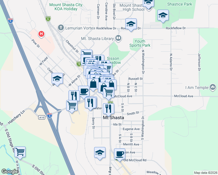 map of restaurants, bars, coffee shops, grocery stores, and more near 214 North Mount Shasta Boulevard in Mount Shasta