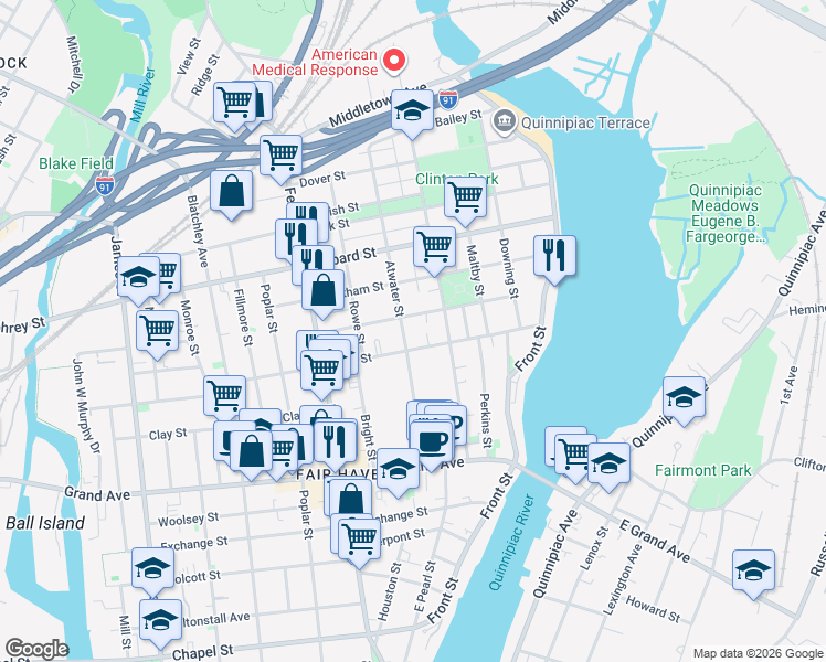 map of restaurants, bars, coffee shops, grocery stores, and more near 85 Pine Street in New Haven
