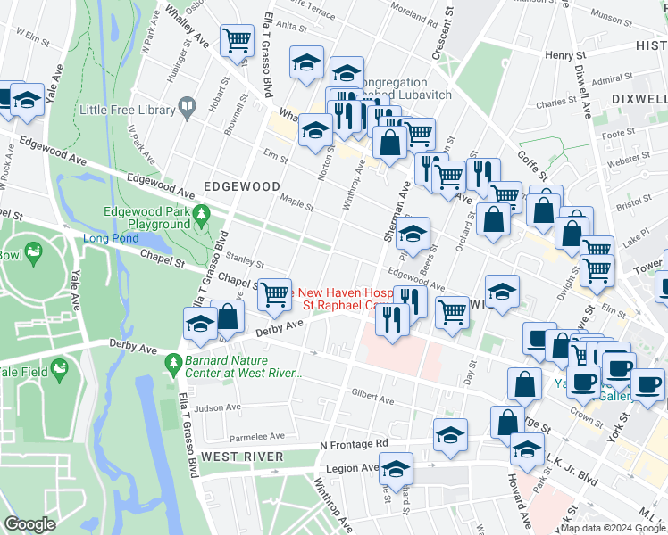 map of restaurants, bars, coffee shops, grocery stores, and more near 329 Winthrop Avenue in New Haven