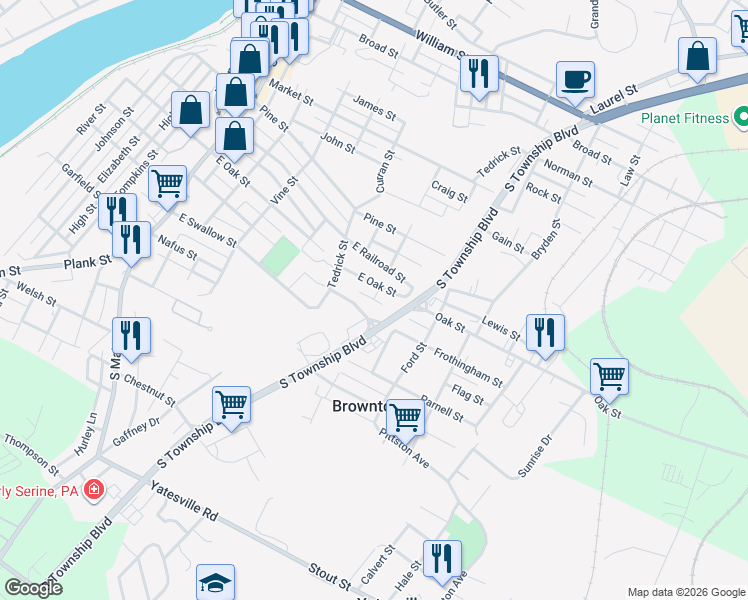 map of restaurants, bars, coffee shops, grocery stores, and more near 15 Rear Oak in Pittston