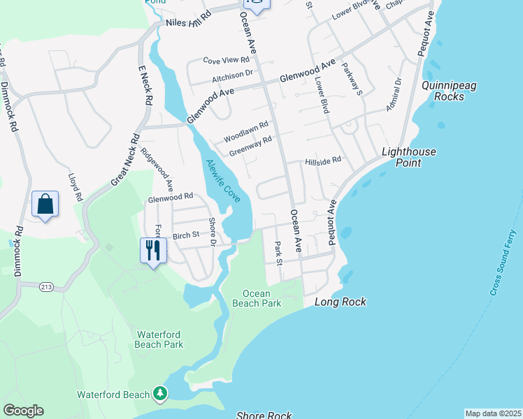 map of restaurants, bars, coffee shops, grocery stores, and more near 31 Elrin Place in New London