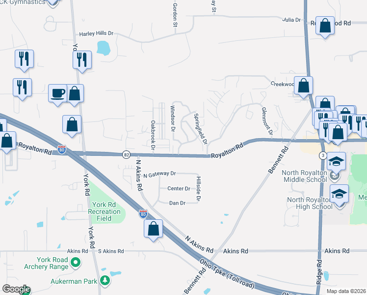 map of restaurants, bars, coffee shops, grocery stores, and more near 8290 Royalton Road in North Royalton