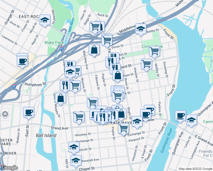 map of restaurants, bars, coffee shops, grocery stores, and more near 417 Poplar Street in New Haven