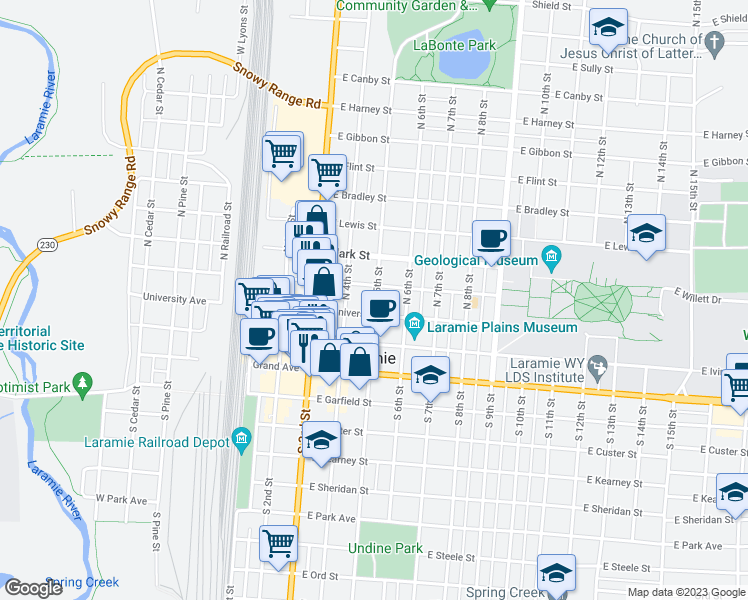 map of restaurants, bars, coffee shops, grocery stores, and more near in Laramie