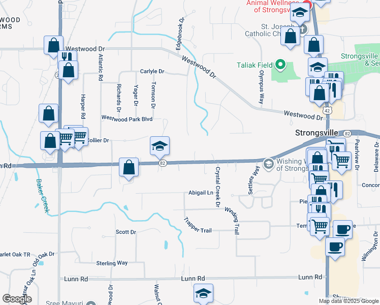 map of restaurants, bars, coffee shops, grocery stores, and more near 20088 Ohio 82 in Strongsville