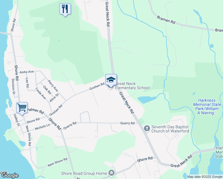 map of restaurants, bars, coffee shops, grocery stores, and more near 165 Great Neck Road in Waterford