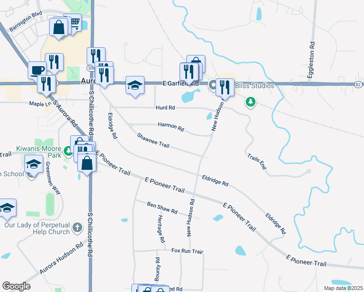 map of restaurants, bars, coffee shops, grocery stores, and more near 215 Shawnee Trail in Aurora