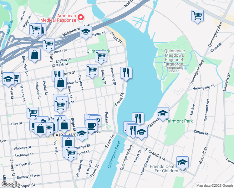 map of restaurants, bars, coffee shops, grocery stores, and more near 14 Pine Street in New Haven