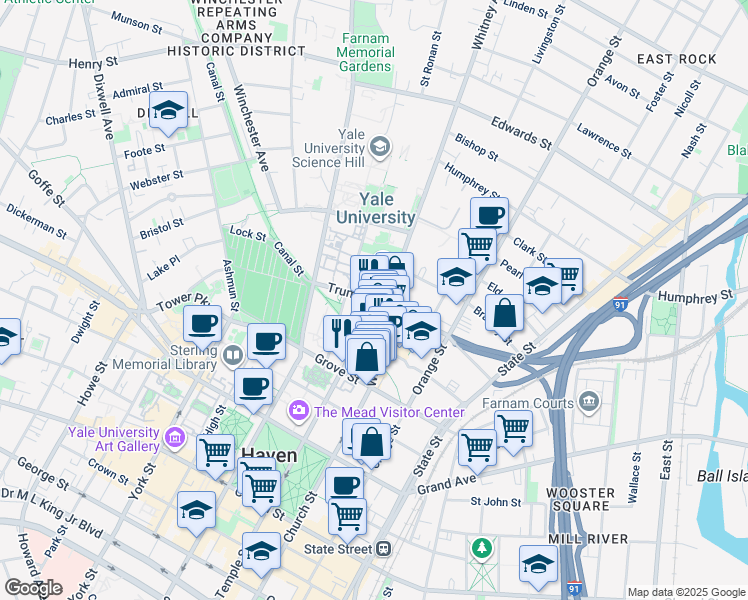 map of restaurants, bars, coffee shops, grocery stores, and more near in New Haven