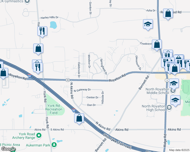 map of restaurants, bars, coffee shops, grocery stores, and more near 8290 Royalton Road in North Royalton