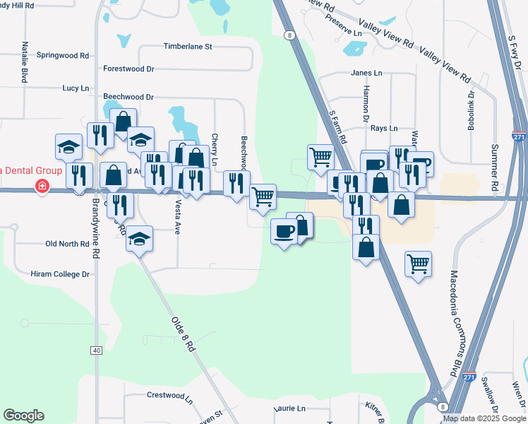 map of restaurants, bars, coffee shops, grocery stores, and more near 290 East Aurora Road in Northfield