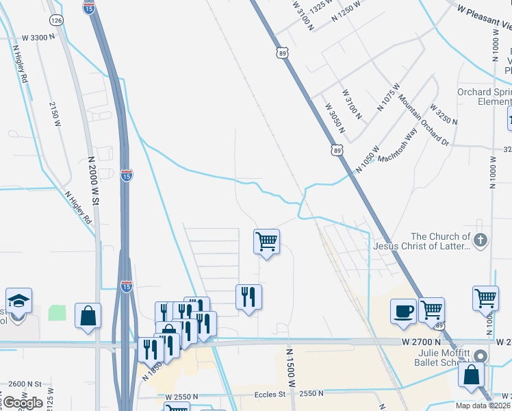 map of restaurants, bars, coffee shops, grocery stores, and more near 2750 North 1600 West in Pleasant View