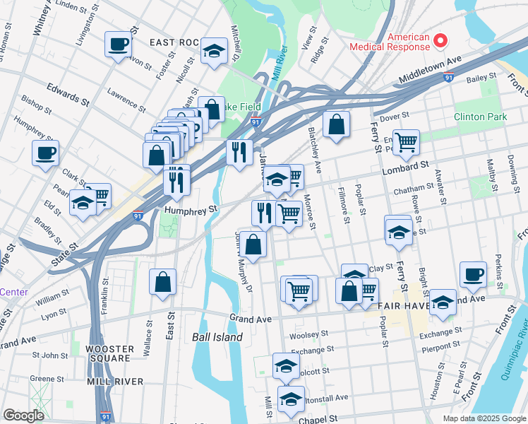 map of restaurants, bars, coffee shops, grocery stores, and more near 370 James Street in New Haven