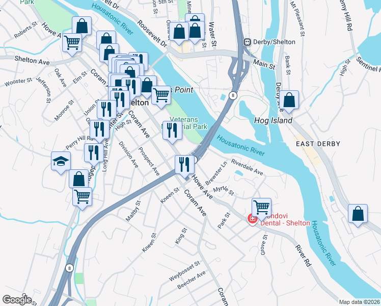 map of restaurants, bars, coffee shops, grocery stores, and more near 68 Hull Street in Shelton