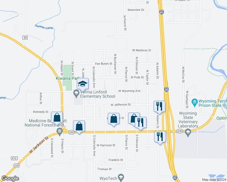 map of restaurants, bars, coffee shops, grocery stores, and more near 1940-1998 West Wyoming Avenue in Laramie