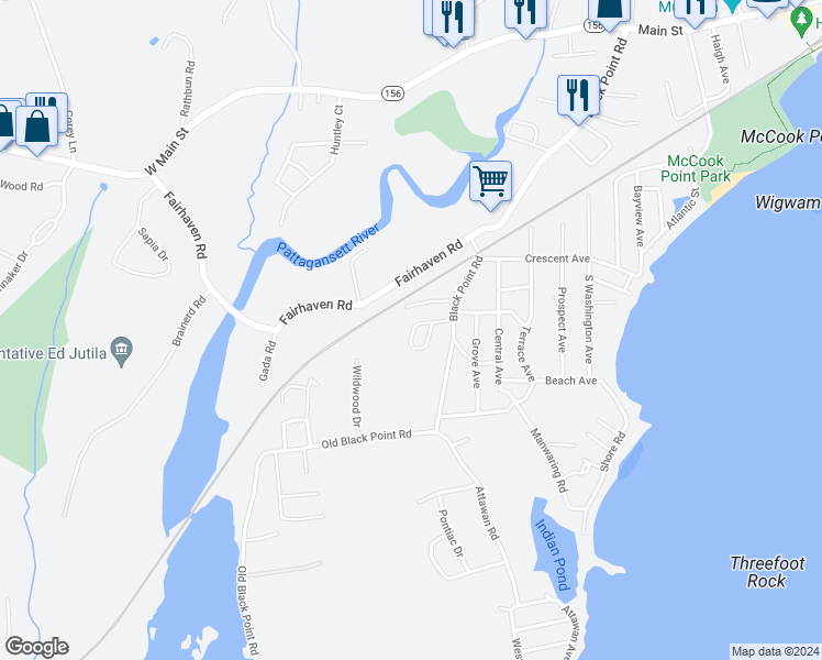 map of restaurants, bars, coffee shops, grocery stores, and more near 127 Black Point Road in East Lyme
