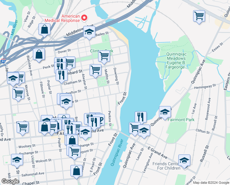 map of restaurants, bars, coffee shops, grocery stores, and more near 36 Pine Street in New Haven