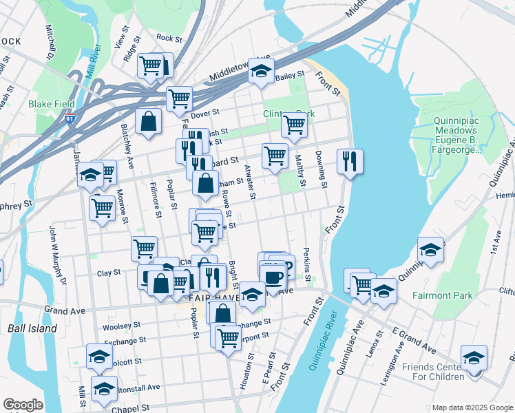 map of restaurants, bars, coffee shops, grocery stores, and more near 85 Pine Street in New Haven