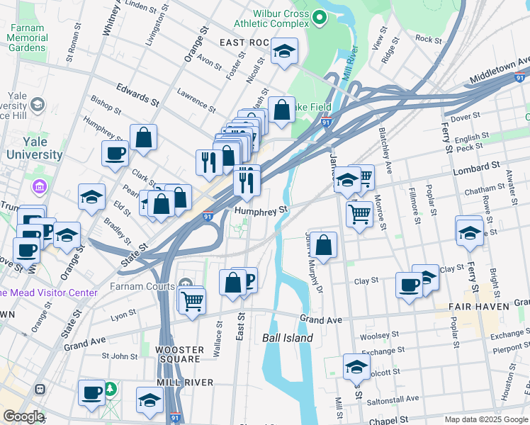 map of restaurants, bars, coffee shops, grocery stores, and more near 507 East Street in New Haven