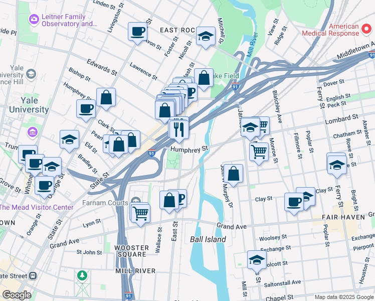 map of restaurants, bars, coffee shops, grocery stores, and more near 507 East Street in New Haven