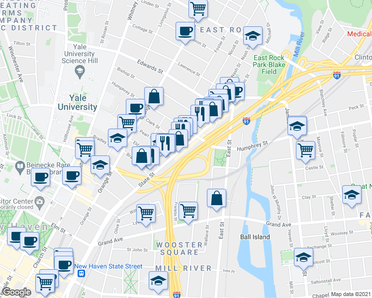map of restaurants, bars, coffee shops, grocery stores, and more near 843 State Street in New Haven
