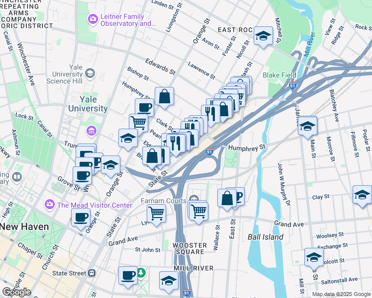 map of restaurants, bars, coffee shops, grocery stores, and more near 843 State Street in New Haven