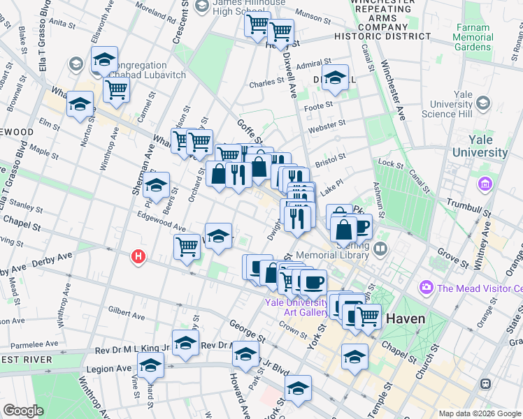 map of restaurants, bars, coffee shops, grocery stores, and more near 1 University Place in New Haven