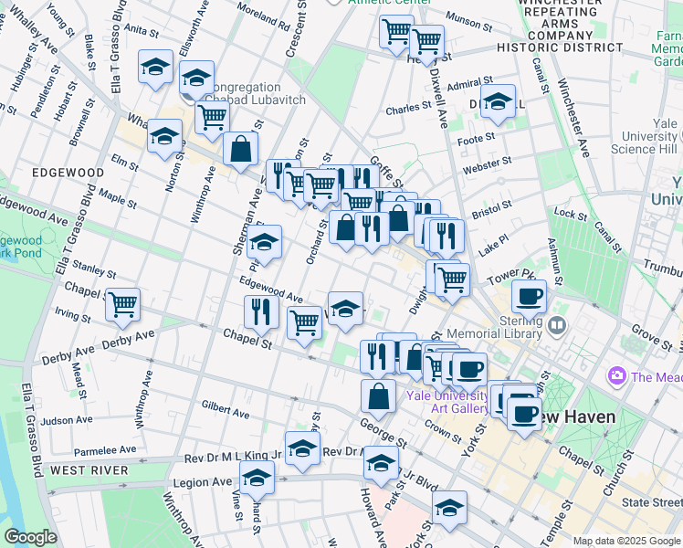 map of restaurants, bars, coffee shops, grocery stores, and more near 100 Kensington Street in New Haven