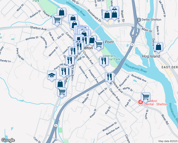 map of restaurants, bars, coffee shops, grocery stores, and more near 162 Prospect Avenue in Shelton