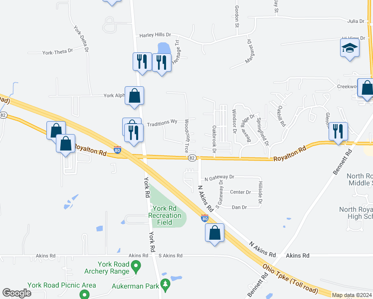 map of restaurants, bars, coffee shops, grocery stores, and more near 13917 Oakbrook Drive in North Royalton