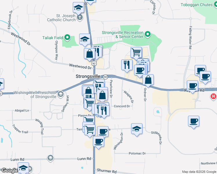 map of restaurants, bars, coffee shops, grocery stores, and more near 13963 Pearlview Drive in Strongsville