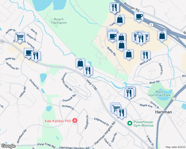 map of restaurants, bars, coffee shops, grocery stores, and more near 70 North Main Street in Harriman
