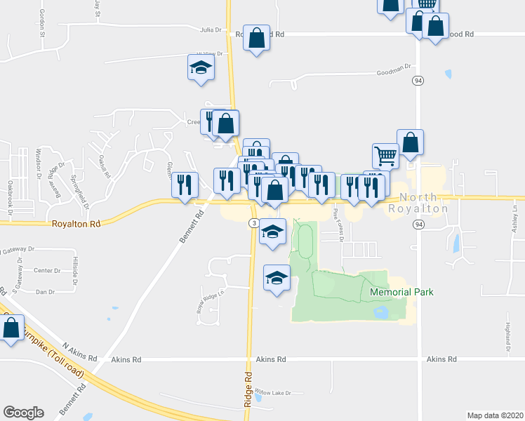 map of restaurants, bars, coffee shops, grocery stores, and more near 6815 Royalton Rd in North Royalton