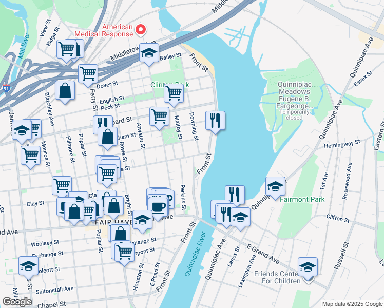 map of restaurants, bars, coffee shops, grocery stores, and more near 36 Pine Street in New Haven