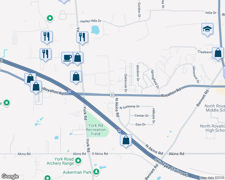 map of restaurants, bars, coffee shops, grocery stores, and more near 13917 Oakbrook Drive in North Royalton