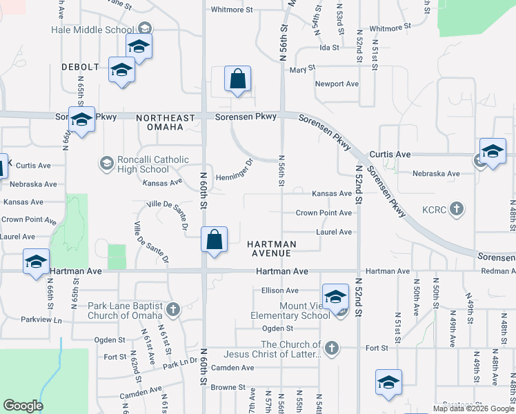 map of restaurants, bars, coffee shops, grocery stores, and more near 5628 Crown Point Avenue in Omaha