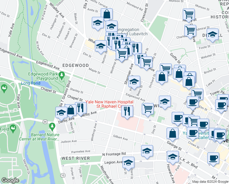 map of restaurants, bars, coffee shops, grocery stores, and more near 318 Edgewood Avenue in New Haven
