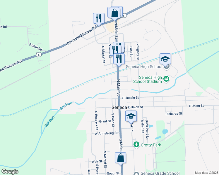 map of restaurants, bars, coffee shops, grocery stores, and more near 13 East Scott Street in Seneca