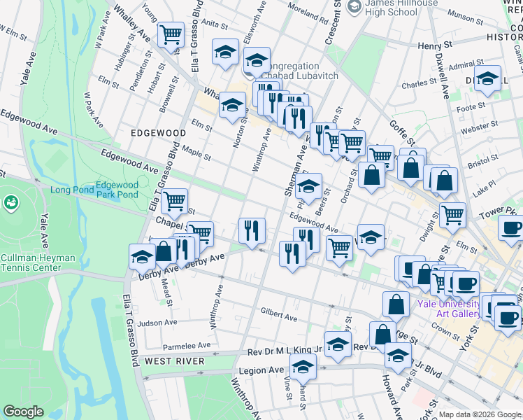map of restaurants, bars, coffee shops, grocery stores, and more near 322 Edgewood Avenue in New Haven