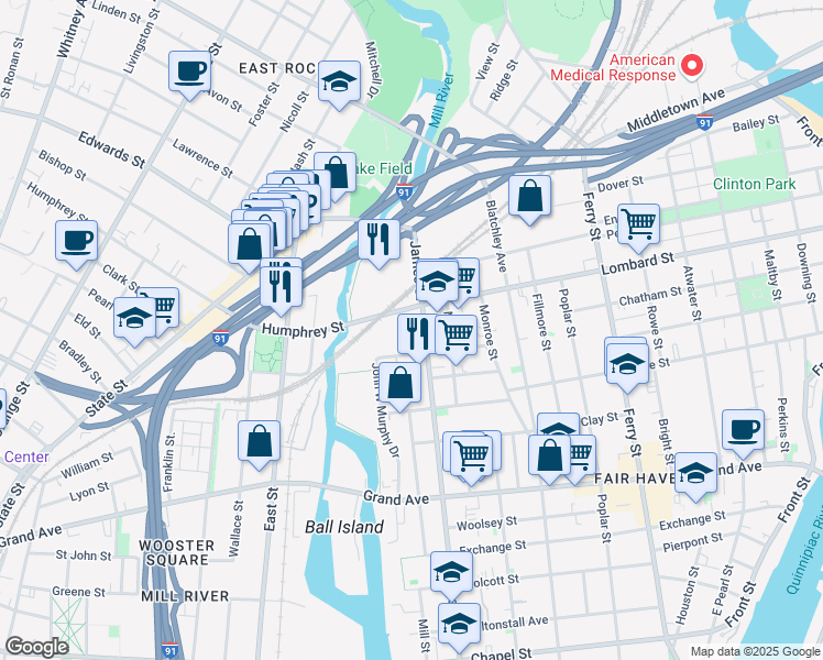 map of restaurants, bars, coffee shops, grocery stores, and more near 370 James Street in New Haven